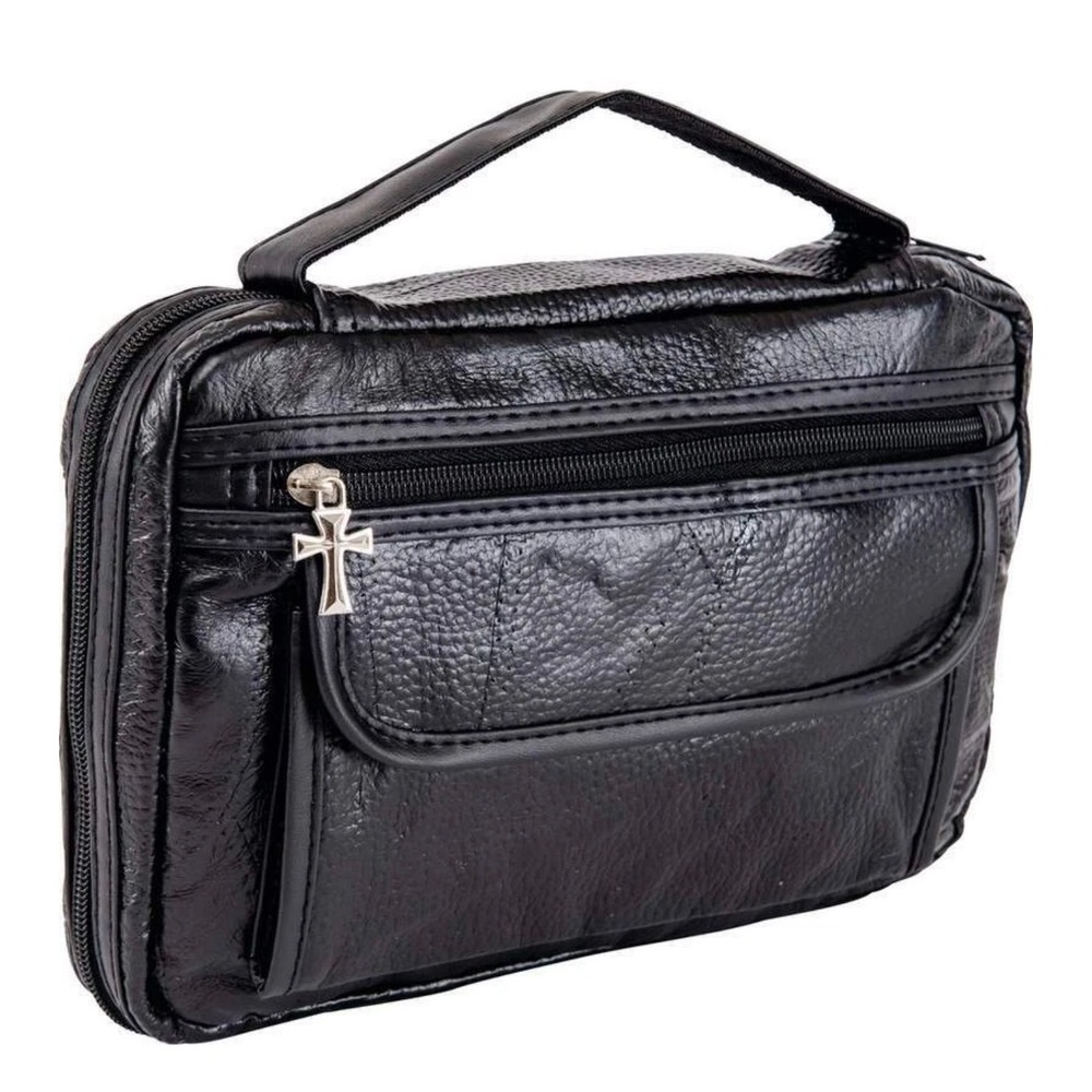 Genuine Black Leather Bible Cover Organizer Bag with Cross Zipper Pull 11x8